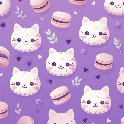 lavender backdrop, macarons with cat faces, cartoon, pattern