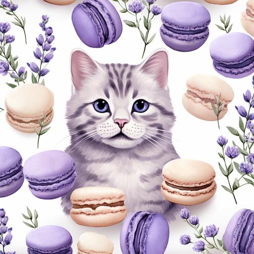 lavender backdrop, macarons with cat faces, hyperealistic, cartoon, pattern