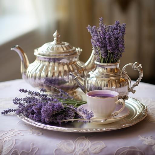 lavender tea in silver tea pot and english tea cup lavender around the tea set very stylish real life