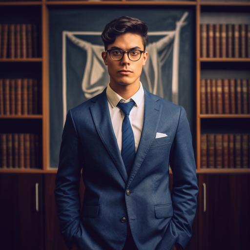 lawyer student with the logo of unam, with glasses and in a classroom