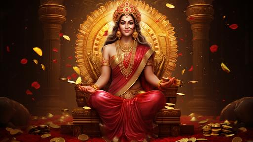 laxmi mata indian goddess of money LOTUS IN BOTH HANDS sitting on a lotus in red saree WITH GOLD COINS SCATTERES AROUND HER and with a gold throne on her head --ar 16:9