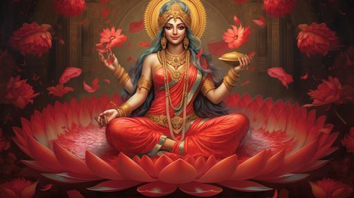 laxmi mata indian goddess of money LOTUS IN BOTH HANDS sitting on a lotus in red saree --ar 16:9