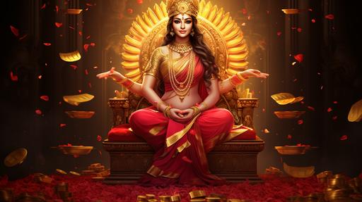 laxmi mata indian goddess of money LOTUS IN BOTH HANDS sitting on a lotus in red saree WITH GOLD COINS SCATTERES AROUND HER and with a gold throne on her head --ar 16:9