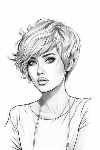 coloring page, fashion woman short hairstyle, cartoon style, black and white, low detail, not shading, --ar 2:3