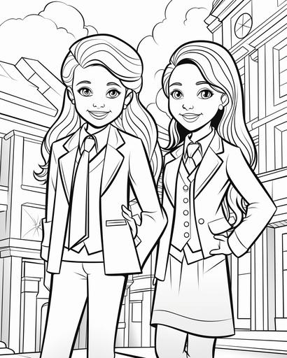 coloring page for kids, 2 girl models wearing formal suits, cartoon style, thick lines, low detail, no shading --ar 4:5