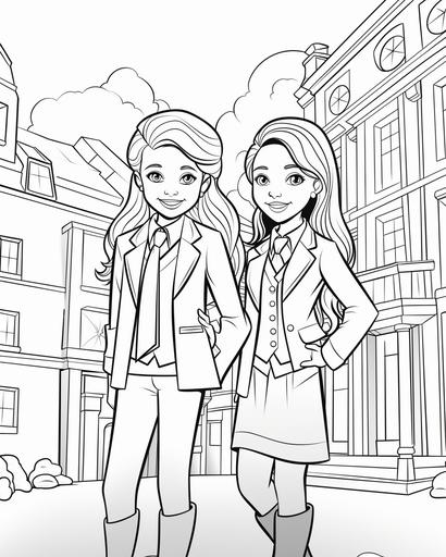 coloring page for kids, 2 girl models wearing formal suits, cartoon style, thick lines, low detail, no shading --ar 4:5