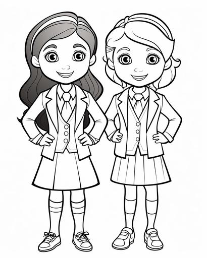 coloring page for kids, 2 girl models wearing formal suits, cartoon style, thick lines, low detail, no shading --ar 4:5