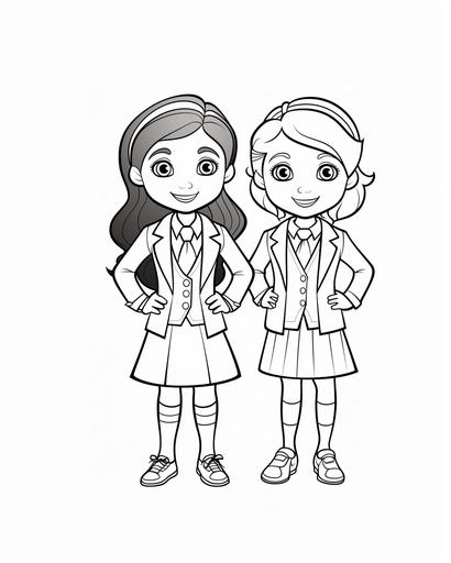 coloring page for kids, 2 girl models wearing formal suits, cartoon style, thick lines, low detail, no shading --ar 4:5