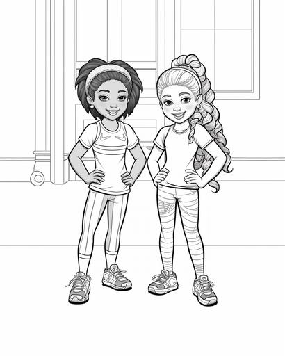coloring page for kids, 2 girls models wearing gym clothes, cartoon style, thick lines, low detail, no shading --ar 4:5