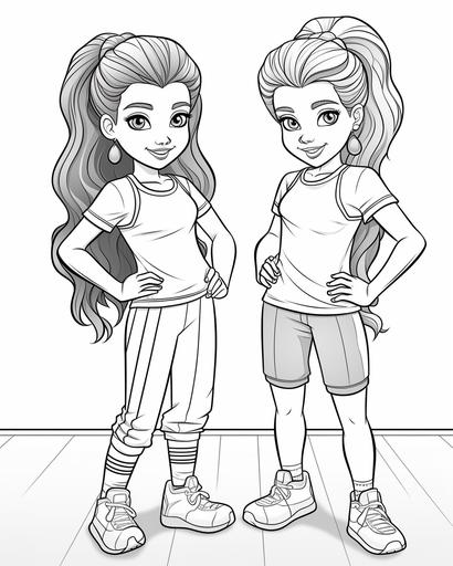 coloring page for kids, 2 girls models wearing gym clothes, cartoon style, thick lines, low detail, no shading --ar 4:5