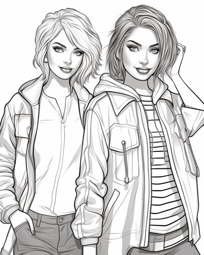 coloring page for kids, 2 women fashion models wearing fashion jackets, cartoon style, thick lines, low detail, no shading --ar 4:5