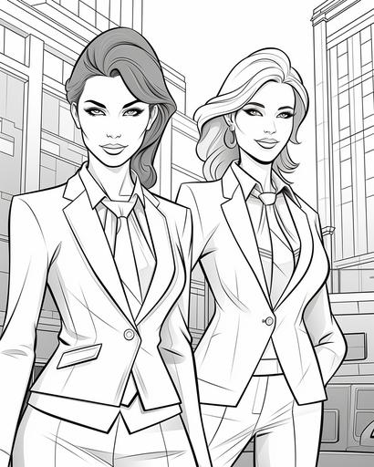 coloring page for kids, 2 women models wearing formal suits, cartoon style, thick lines, low detail, no shading --ar 4:5