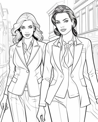coloring page for kids, 2 women models wearing formal suits, cartoon style, thick lines, low detail, no shading --ar 4:5