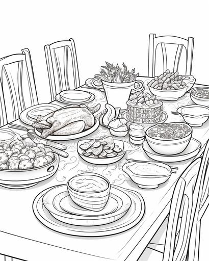 coloring page for kids, Christmas dinner on a table, cartoon style, thick lines, low detail, no shading --ar 4:5