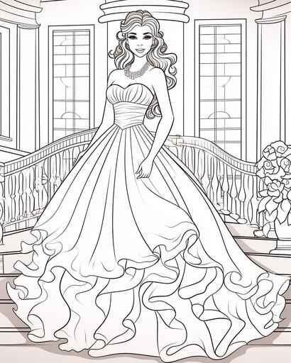 coloring page for kids, fashion model wearing a big wedding dress, cartoon style, thick lines, low detail, no shading --ar 4:5