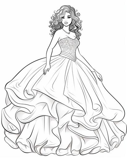 coloring page for kids, fashion model wearing a big wedding dress, cartoon style, thick lines, low detail, no shading --ar 4:5