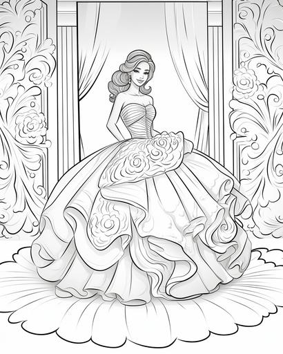 coloring page for kids, fashion model wearing a big wedding dress, cartoon style, thick lines, low detail, no shading --ar 4:5