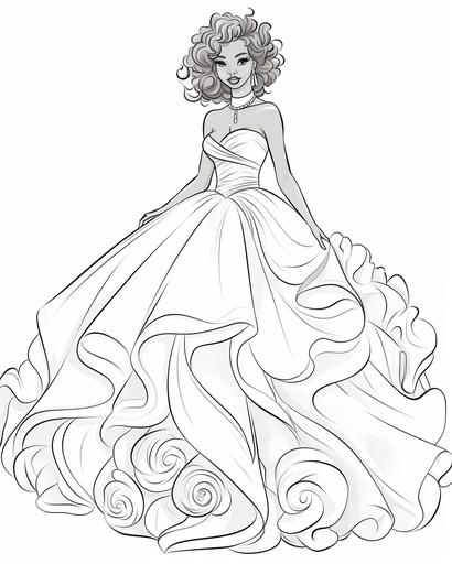 coloring page for kids, fashion model wearing a big wedding dress, cartoon style, thick lines, low detail, no shading --ar 4:5