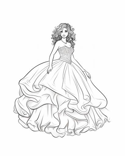 coloring page for kids, fashion model wearing a big wedding dress, cartoon style, thick lines, low detail, no shading --ar 4:5