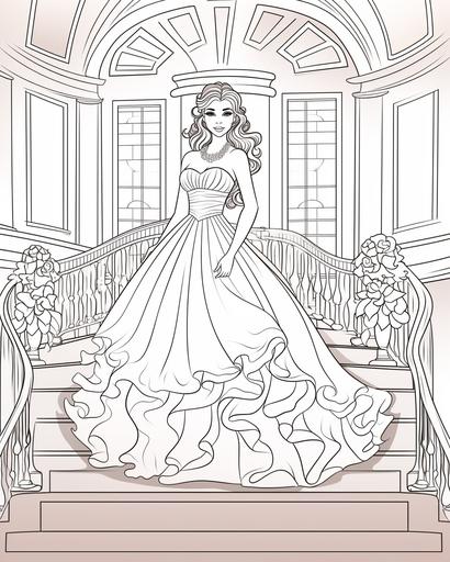 coloring page for kids, fashion model wearing a big wedding dress, cartoon style, thick lines, low detail, no shading --ar 4:5