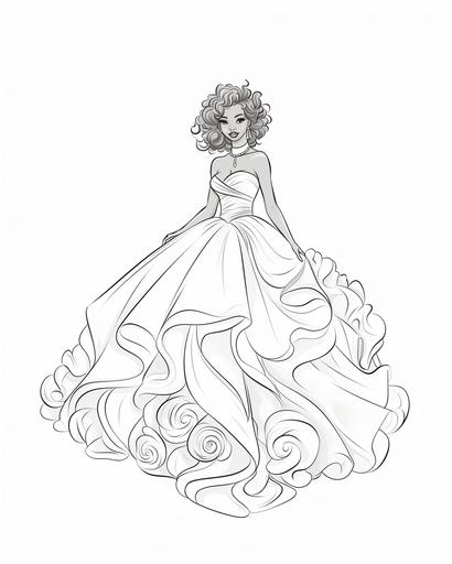 coloring page for kids, fashion model wearing a big wedding dress, cartoon style, thick lines, low detail, no shading --ar 4:5