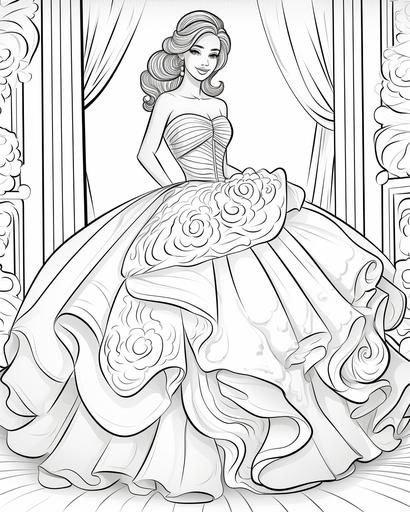 coloring page for kids, fashion model wearing a big wedding dress, cartoon style, thick lines, low detail, no shading --ar 4:5