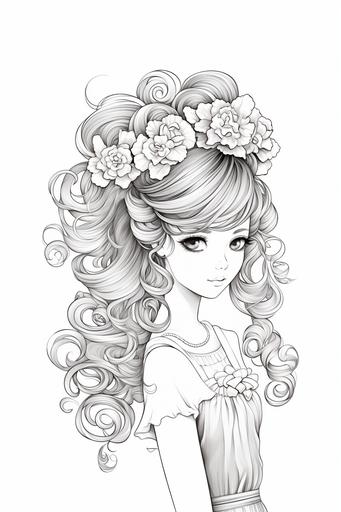 coloring page for kids, girl fashion hairstyle, cartoon style, black and white, low detail, no shading --ar 2:3