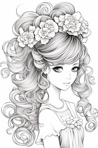 coloring page for kids, girl fashion hairstyle, cartoon style, black and white, low detail, no shading --ar 2:3