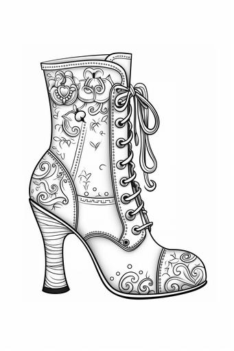 coloring page for kids, high heel fashion boots, cartoon style, black and white, low detail, --no color, no shade --ar 2:3