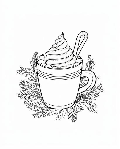 coloring page for kids, hot cocoa in a Christmas cup, cartoon style, thick lines, low detail, no shading --ar 4:5