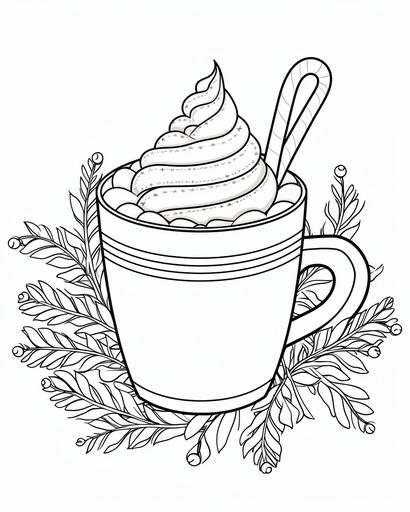 coloring page for kids, hot cocoa in a Christmas cup, cartoon style, thick lines, low detail, no shading --ar 4:5