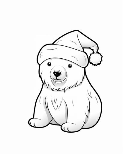 coloring page for kids, polar bear with a Christmas hat, cartoon style, thick lines, low detail, no shading --ar 4:5