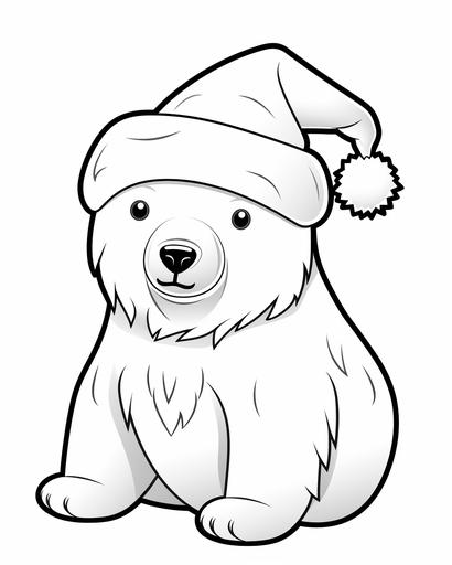 coloring page for kids, polar bear with a Christmas hat, cartoon style, thick lines, low detail, no shading --ar 4:5