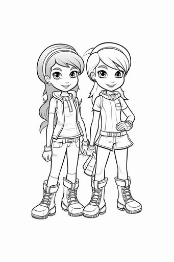 coloring page for kids, two kids girl models wearing fashion boots, cartoon style, black and white, low detail, no shading --ar 2:3