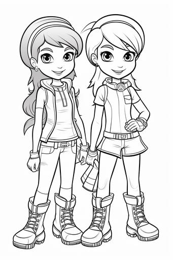 coloring page for kids, two kids girl models wearing fashion boots, cartoon style, black and white, low detail, no shading --ar 2:3