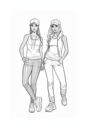 coloring page for kids, two women fashion models wearing gym style clothes, cartoon style, black and white, low detail, not shading, --ar 2:3