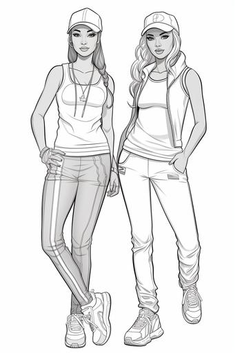 coloring page for kids, two women fashion models wearing gym style clothes, cartoon style, black and white, low detail, not shading, --ar 2:3