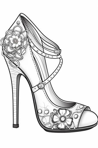 coloring page for kids, variety of women high heel shoes, cartoon style, black and white, low detail, no shading --ar 2:3