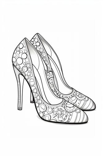 coloring page for kids, variety of women high heel shoes, cartoon style, black and white, low detail, no shading --ar 2:3