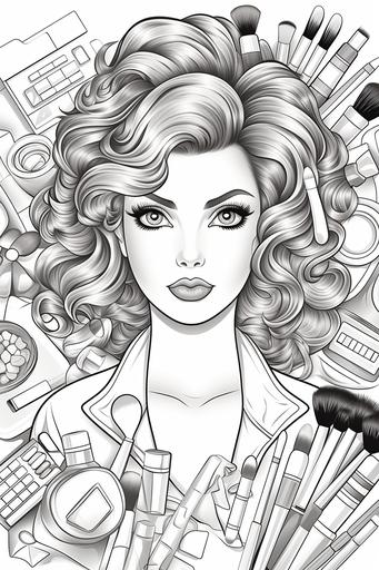 coloring page for kids, woman fashion model surrounded by large scale make up, cartoon style, black and white, low detail, no shading --ar 2:3