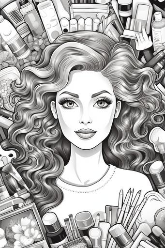 coloring page for kids, woman fashion model surrounded by large scale make up, cartoon style, black and white, low detail, no shading --ar 2:3