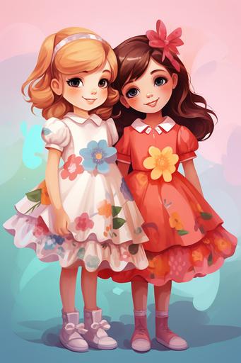 illustration for kids, two little girls kids models wearing nice dresses, cartoon style, vibrant colors, low detail, no shading --ar 2:3