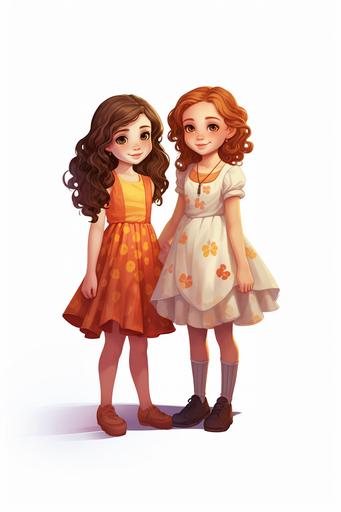 illustration for kids, two little girls kids models wearing nice dresses, cartoon style, vibrant colors, low detail, no shading --ar 2:3