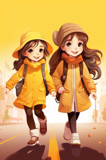 illustration for kids, two little girls kids models walking on a fashion show, cartoon style, vibrant colors, low detail, no shading --ar 2:3