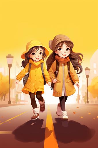 illustration for kids, two little girls kids models walking on a fashion show, cartoon style, vibrant colors, low detail, no shading --ar 2:3