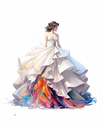 kids illustration, fashion model wearing a big wedding dress, cartoon style, thick lines, low detail, vivid color --ar 4:5