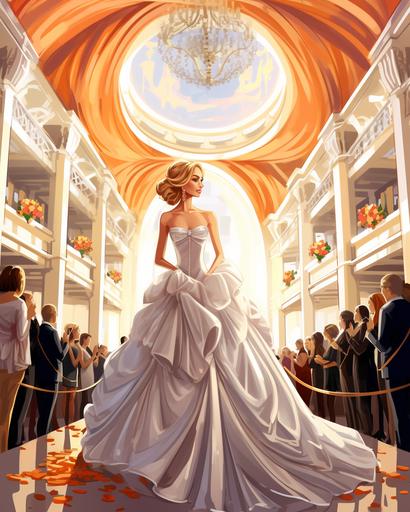 kids illustration, fashion model wearing a big wedding dress in a beautiful wedding hall, cartoon style, thick lines, low detail, vivid color --ar 4:5