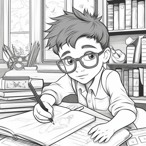 Coloring page for kids, young kid doing homework, cartoon style, thick lines, low detail, no shading –ar 9:11