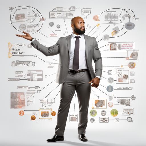 lean transformation, lean mindset, Coach, business professional, fit bald black man with beard in grey dress suit, white dress shirt, brown belt and brown shoes, white board value stream mapping, process mapping, full body, process control chart, statistics