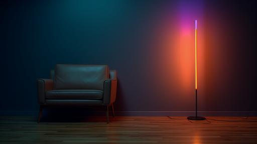 led RGB floor lamp (in the form of a tall stick with two legs) in the middle of the room in the dark, furniture (armchair, sofa) in the background --ar 16:9 --v 5.2